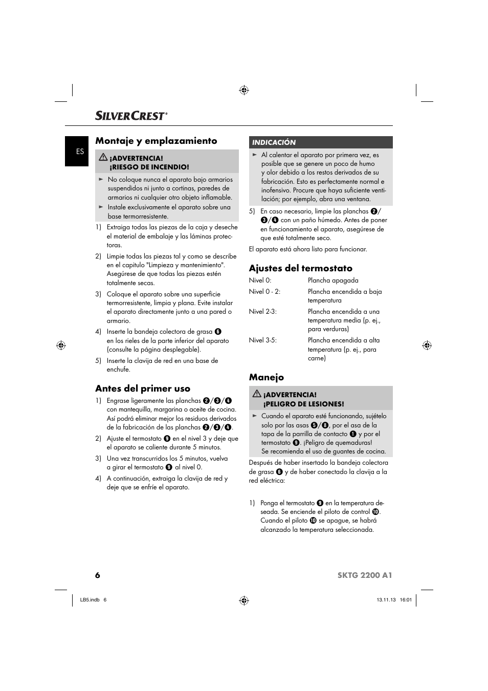 Montaje y emplazamiento, Antes del primer uso, Ajustes del termostato | Manejo | Silvercrest SKTG 2200 A1 User Manual | Page 9 / 54