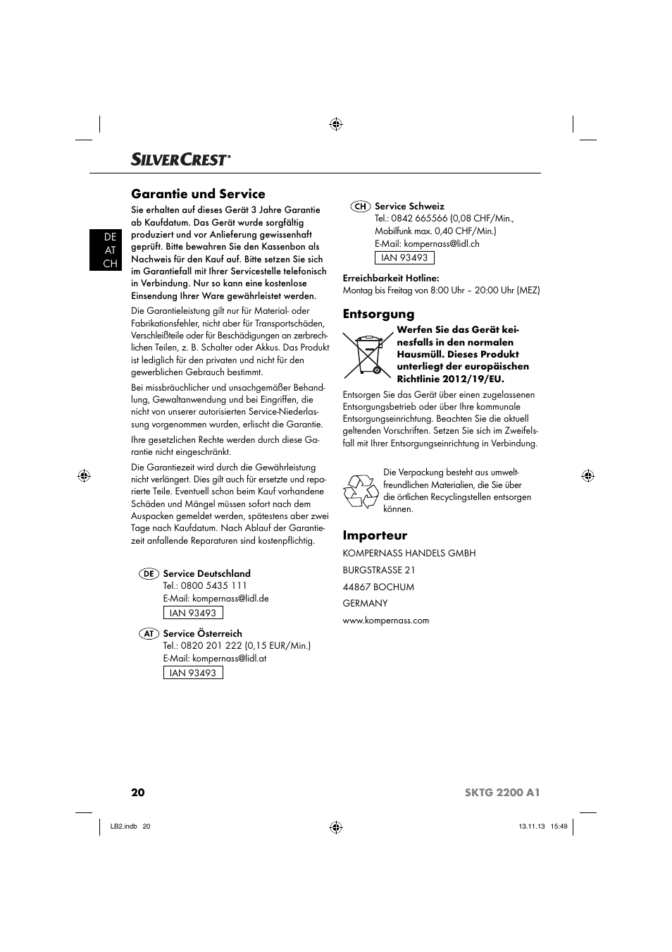 Garantie und service, Entsorgung, Importeur | Silvercrest SKTG 2200 A1 User Manual | Page 23 / 34