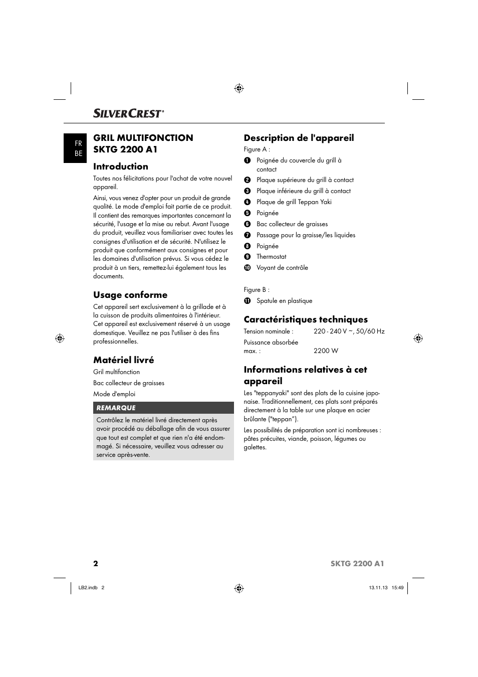 Usage conforme, Matériel livré, Description de l'appareil | Caractéristiques techniques, Informations relatives à cet appareil | Silvercrest SKTG 2200 A1 User Manual | Page 5 / 34