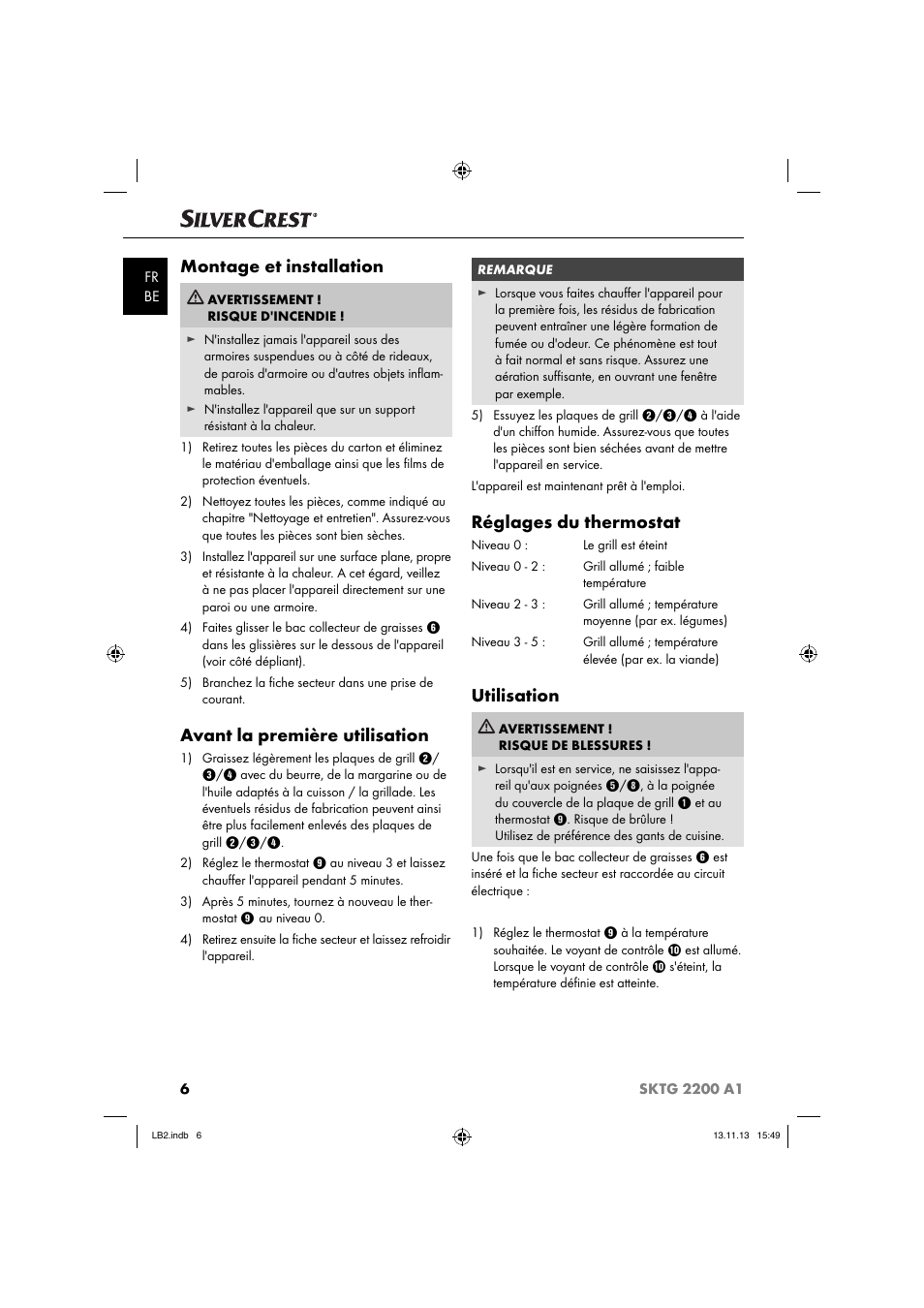 Montage et installation, Avant la première utilisation, Réglages du thermostat | Utilisation | Silvercrest SKTG 2200 A1 User Manual | Page 9 / 34