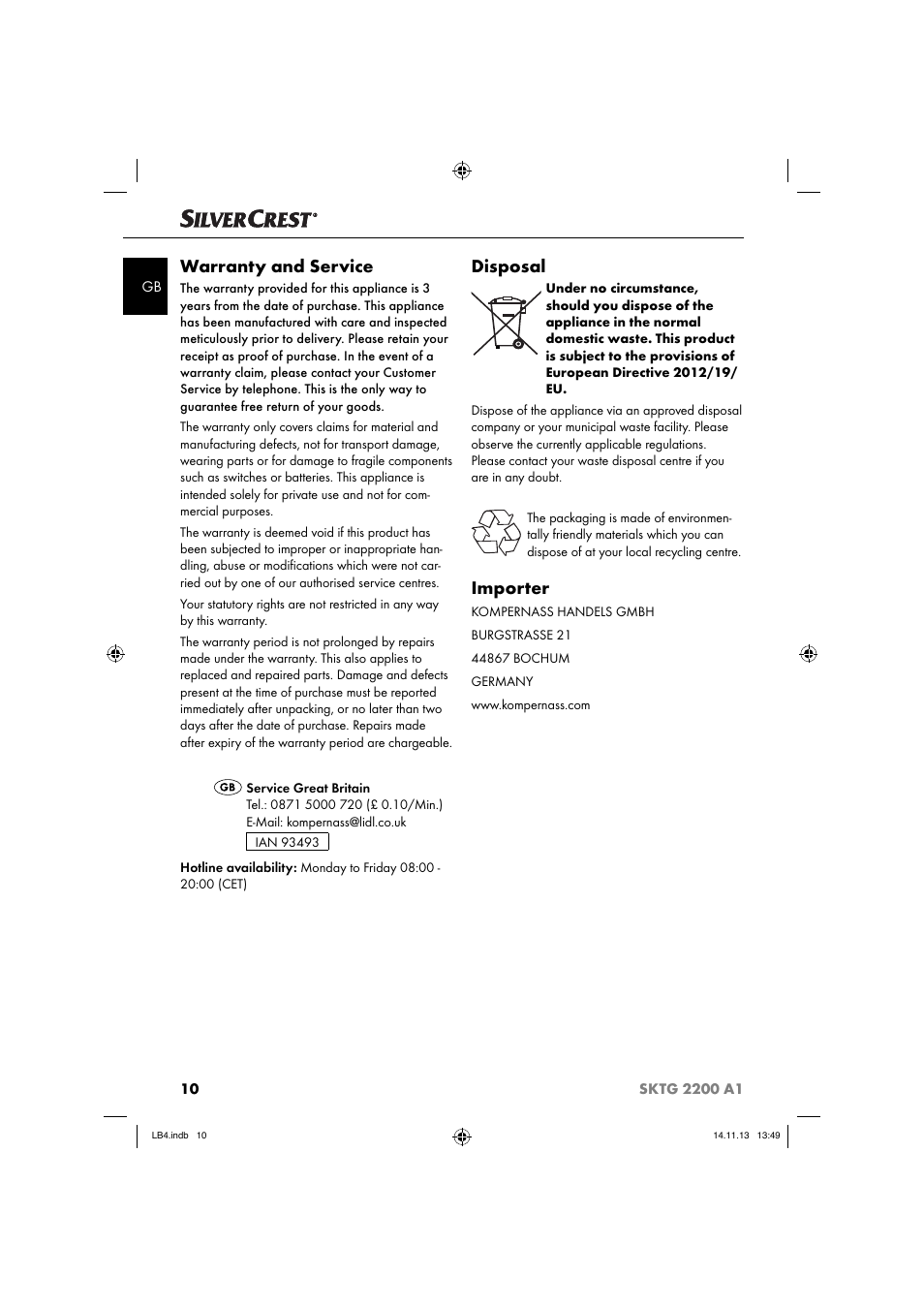 Warranty and service, Disposal, Importer | Silvercrest SKTG 2200 A1 User Manual | Page 13 / 44