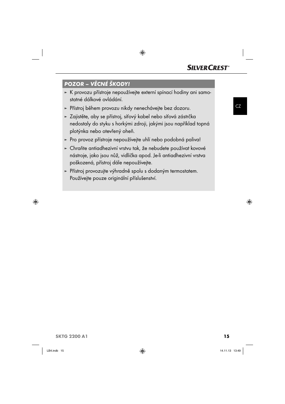 Pozor – věcné škody | Silvercrest SKTG 2200 A1 User Manual | Page 18 / 44