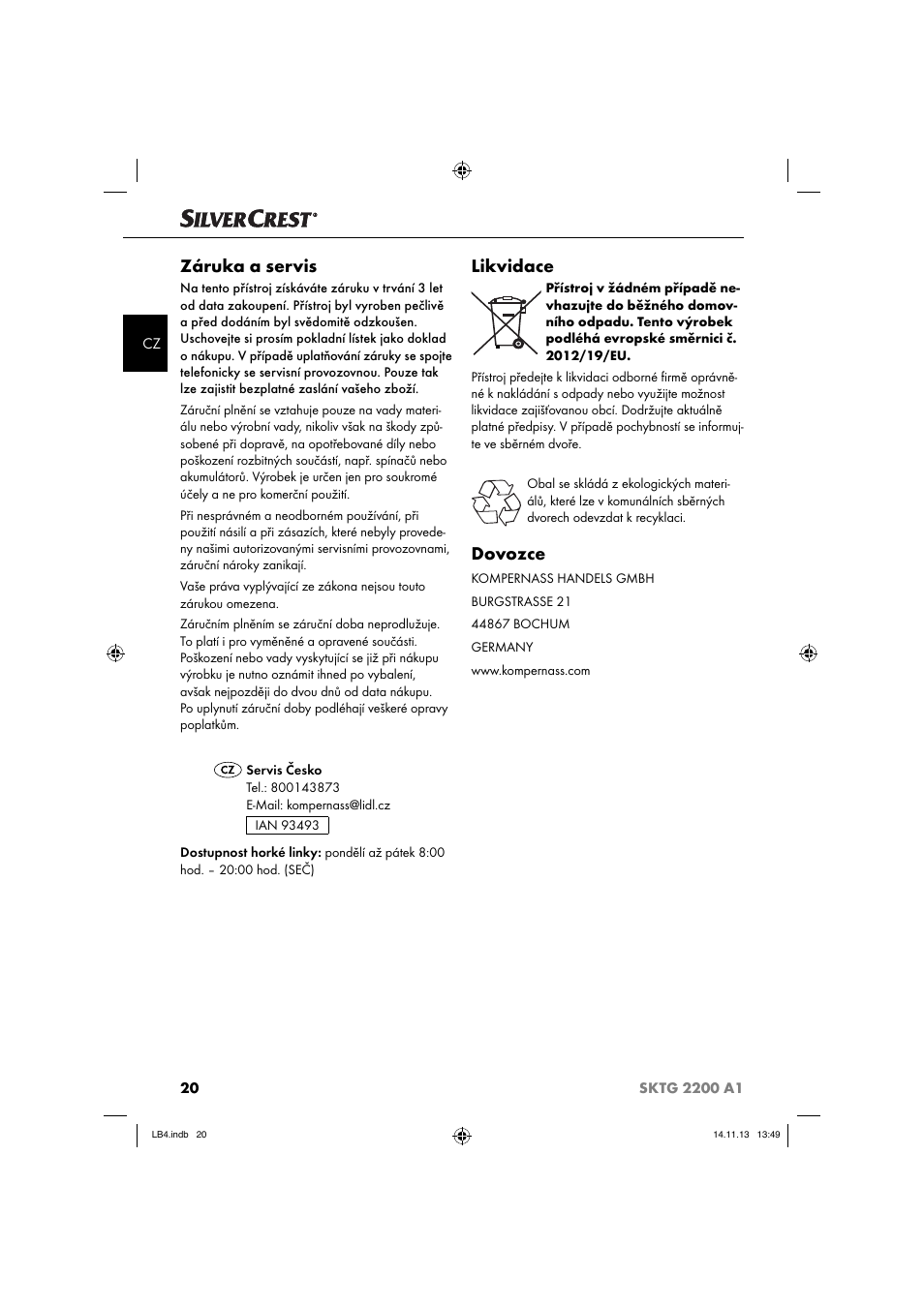Záruka a servis, Likvidace, Dovozce | Silvercrest SKTG 2200 A1 User Manual | Page 23 / 44