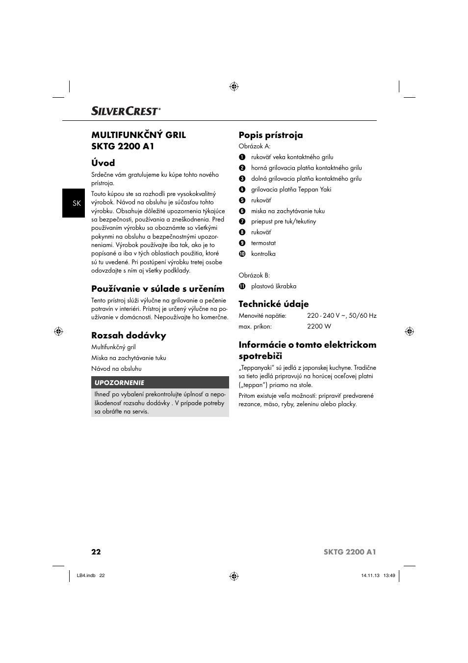 Používanie v súlade s určením, Rozsah dodávky, Popis prístroja | Technické údaje, Informácie o tomto elektrickom spotrebiči | Silvercrest SKTG 2200 A1 User Manual | Page 25 / 44