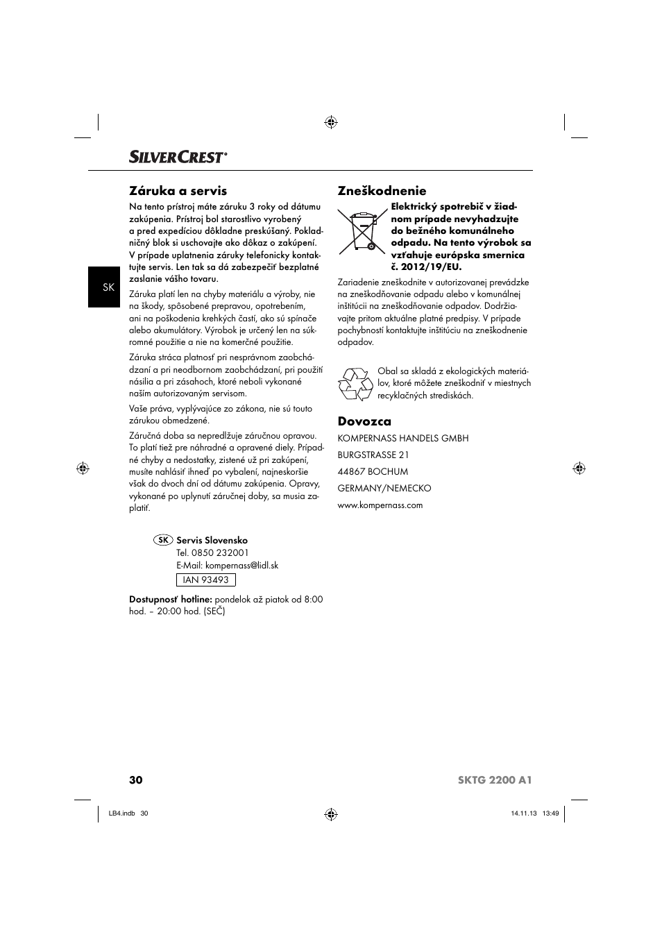 Záruka a servis, Zneškodnenie, Dovozca | Silvercrest SKTG 2200 A1 User Manual | Page 33 / 44