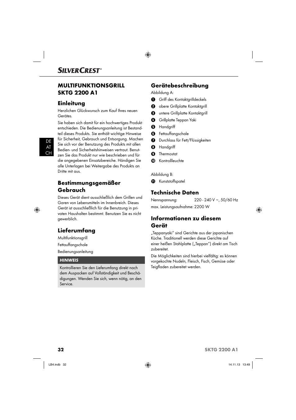 Bestimmungsgemäßer gebrauch, Lieferumfang, Gerätebeschreibung | Technische daten, Informationen zu diesem gerät | Silvercrest SKTG 2200 A1 User Manual | Page 35 / 44