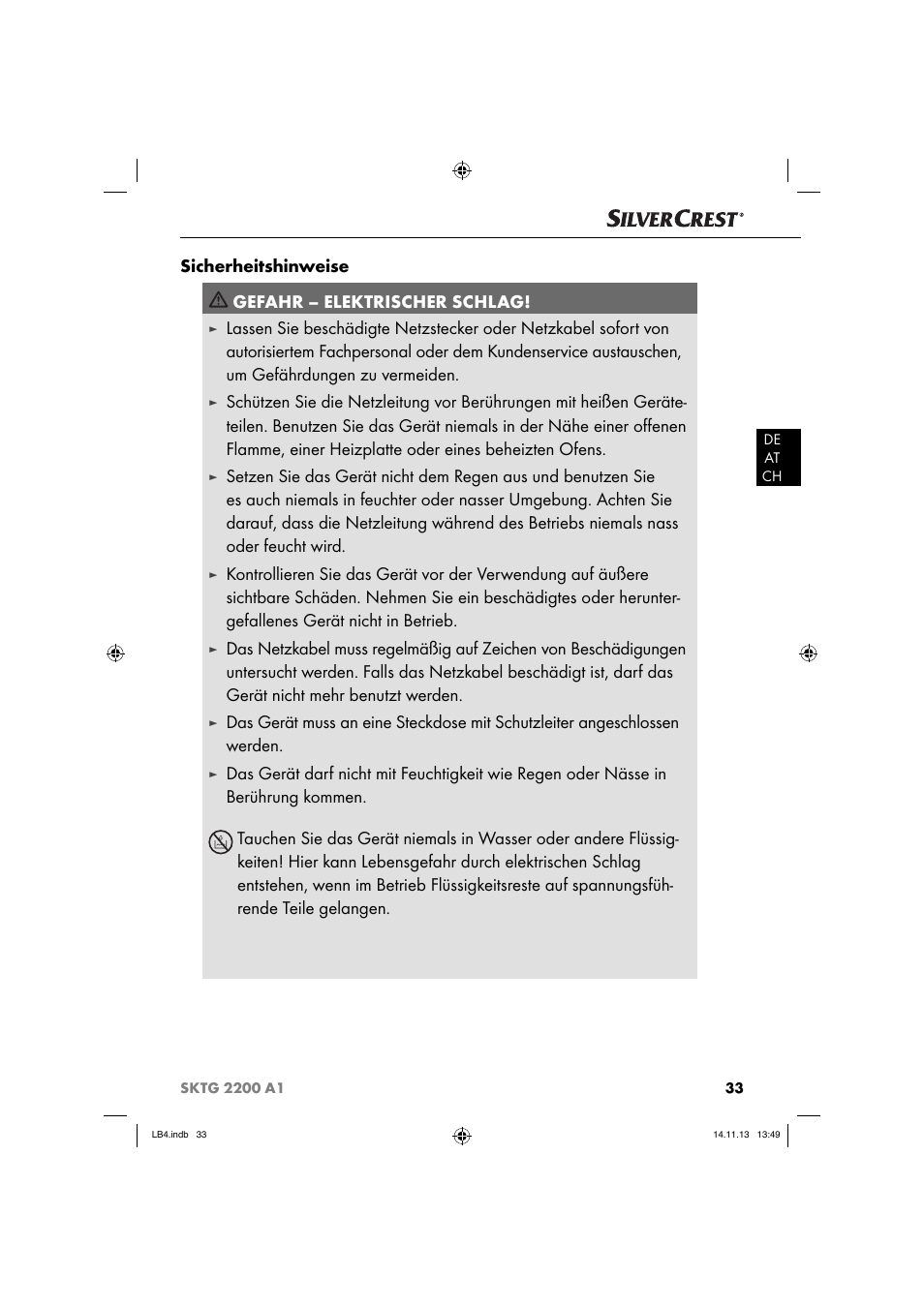 Sicherheitshinweise gefahr – elektrischer schlag | Silvercrest SKTG 2200 A1 User Manual | Page 36 / 44