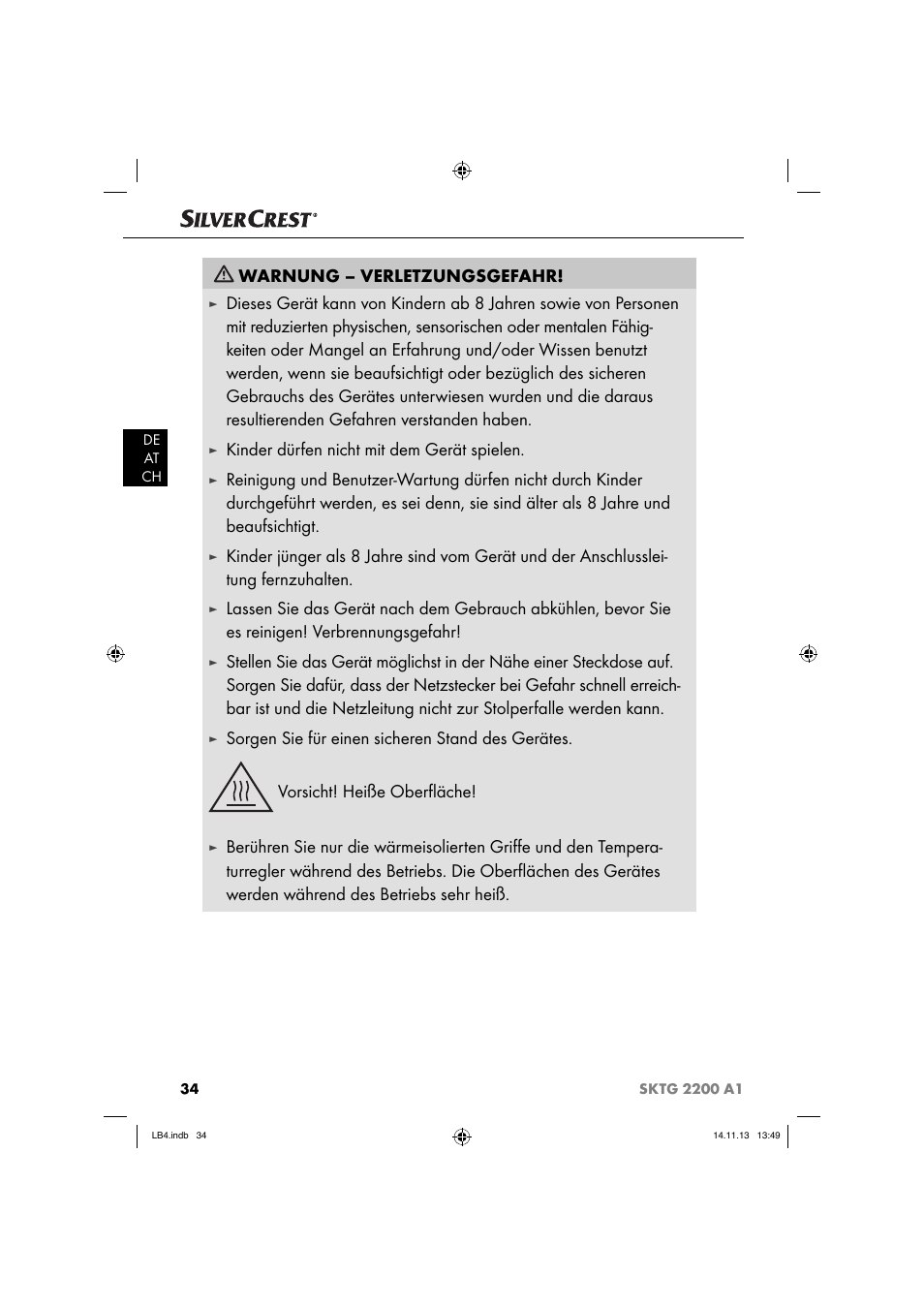 Warnung – verletzungsgefahr, Kinder dürfen nicht mit dem gerät spielen | Silvercrest SKTG 2200 A1 User Manual | Page 37 / 44