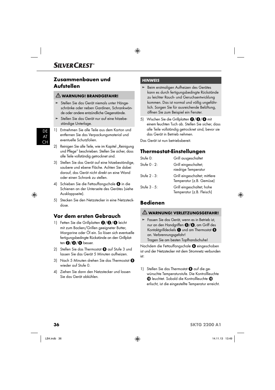 Zusammenbauen und aufstellen, Vor dem ersten gebrauch, Thermostat-einstellungen | Bedienen | Silvercrest SKTG 2200 A1 User Manual | Page 39 / 44