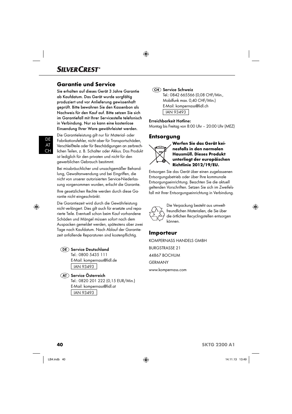 Garantie und service, Entsorgung, Importeur | Silvercrest SKTG 2200 A1 User Manual | Page 43 / 44