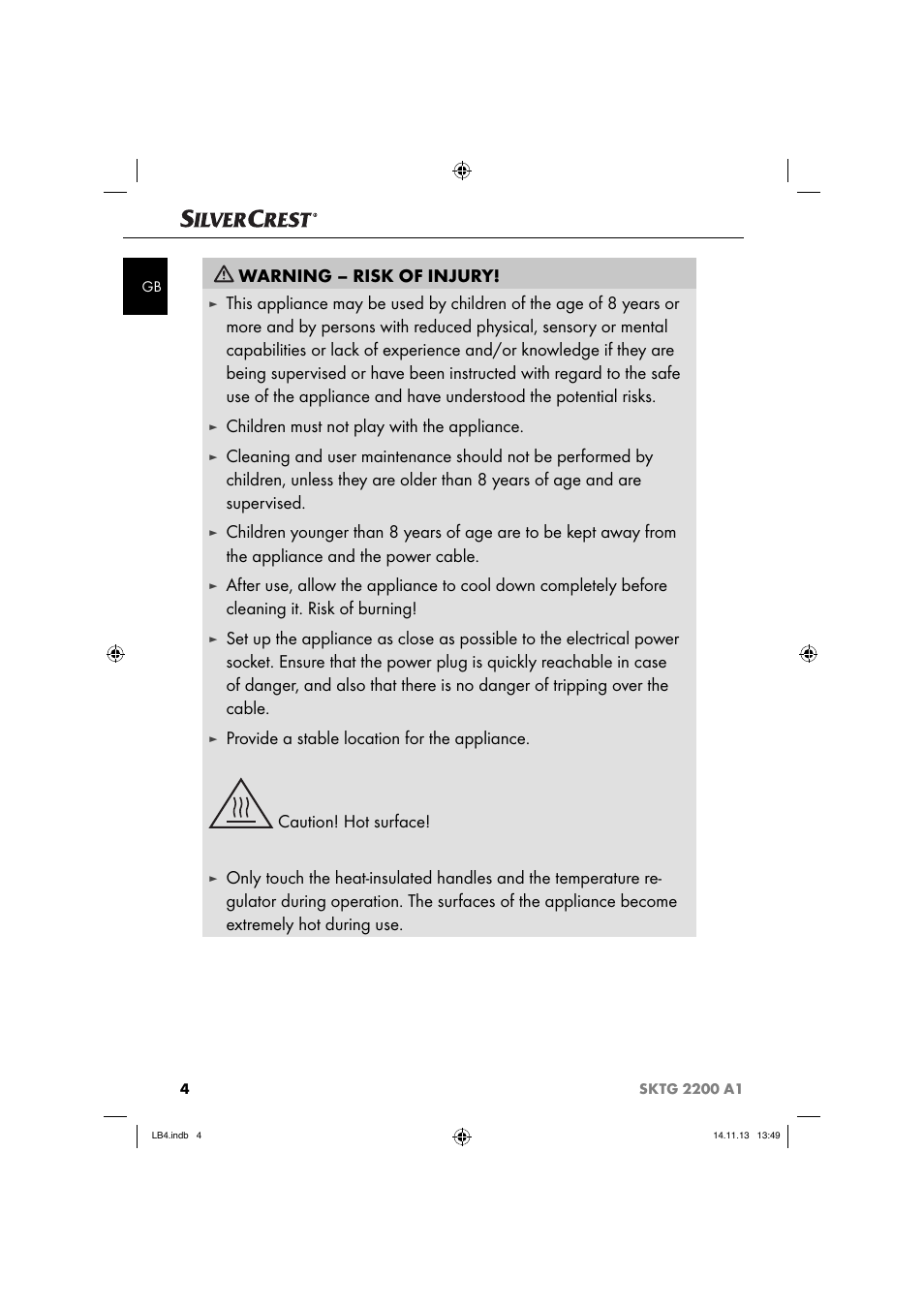 Warning – risk of injury, Children must not play with the appliance | Silvercrest SKTG 2200 A1 User Manual | Page 7 / 44