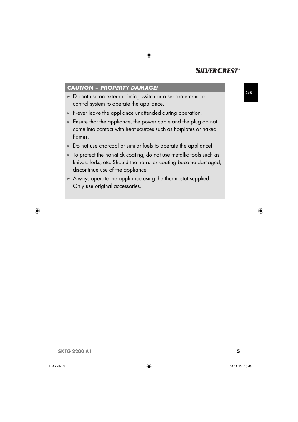 Caution – property damage | Silvercrest SKTG 2200 A1 User Manual | Page 8 / 44