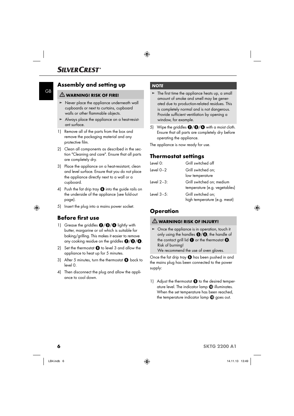 Assembly and setting up, Before ﬁ rst use, Thermostat settings | Operation | Silvercrest SKTG 2200 A1 User Manual | Page 9 / 44