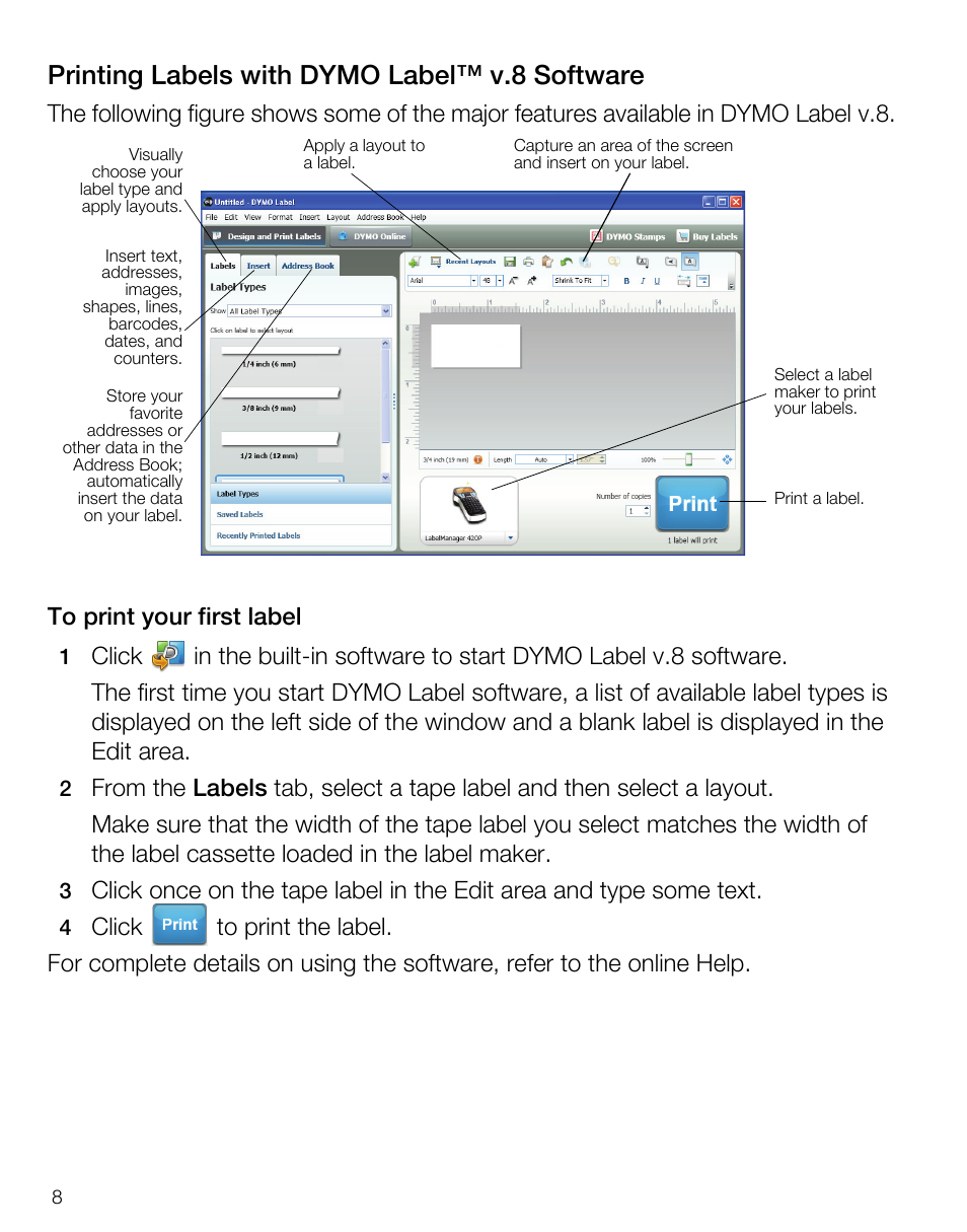 Printing labels with dymo label™ v.8 software | Dymo 420P User Manual | Page 10 / 14