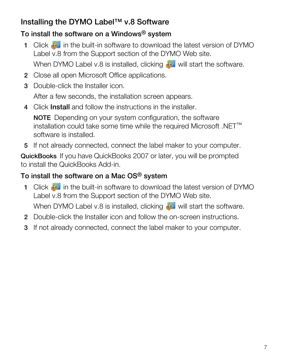 Installing the dymo label™ v.8 software | Dymo 420P User Manual | Page 9 / 14