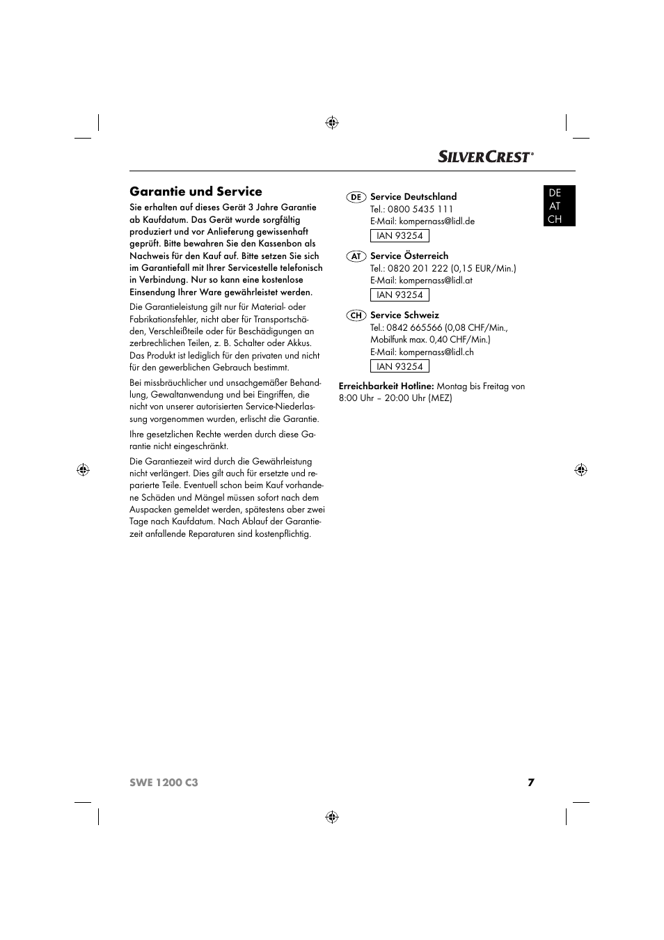 Garantie und service | Silvercrest SWE 1200 C3 User Manual | Page 10 / 52