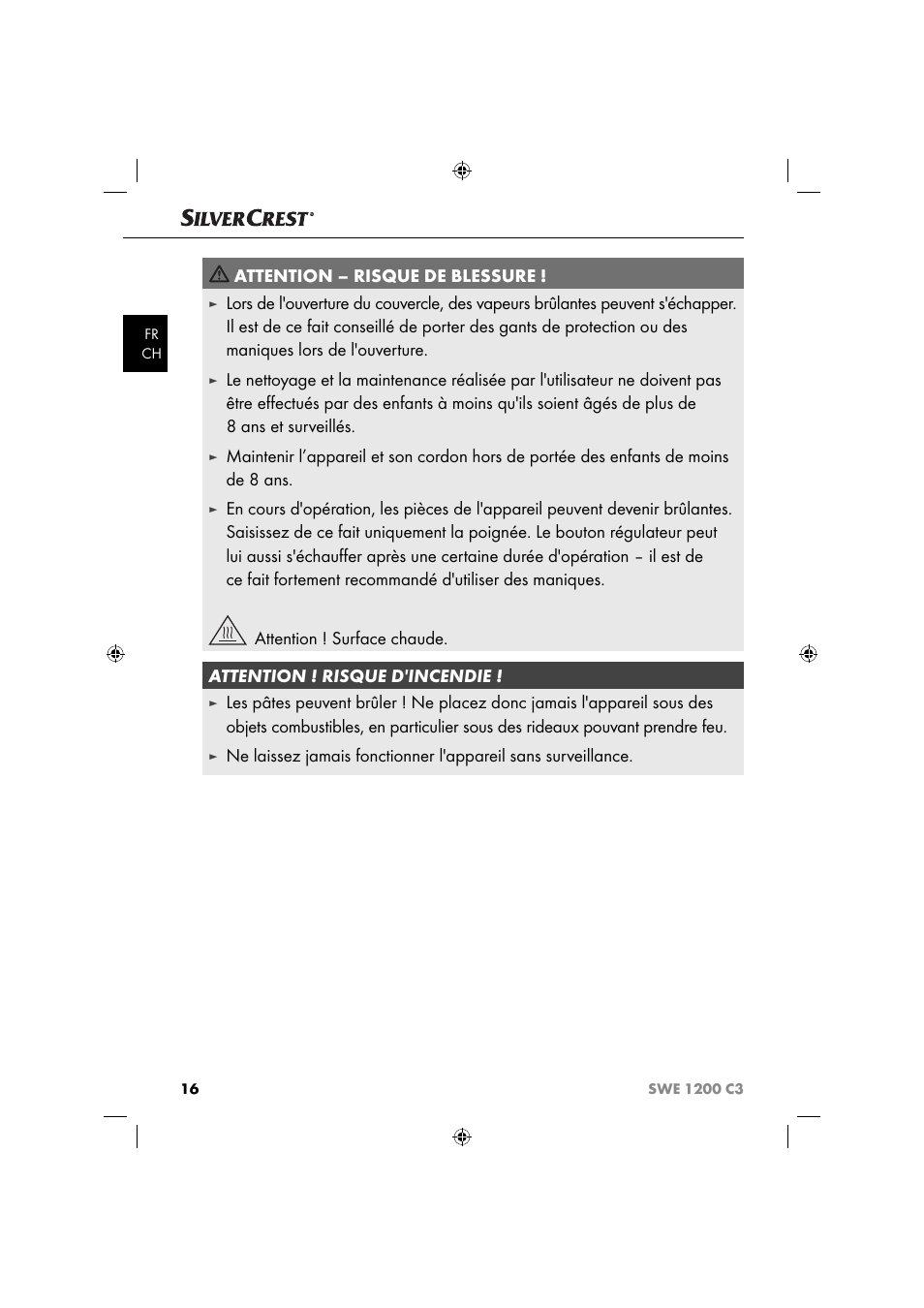 Attention – risque de blessure | Silvercrest SWE 1200 C3 User Manual | Page 19 / 52
