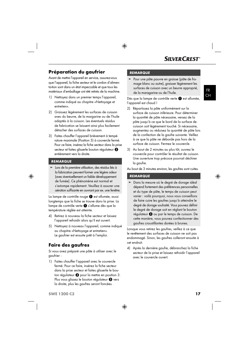 Préparation du gaufrier, Faire des gaufres | Silvercrest SWE 1200 C3 User Manual | Page 20 / 52