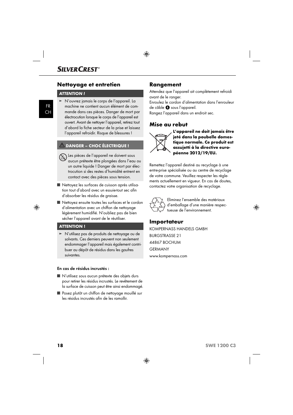Nettoyage et entretien, Rangement, Mise au rebut | Importateur | Silvercrest SWE 1200 C3 User Manual | Page 21 / 52