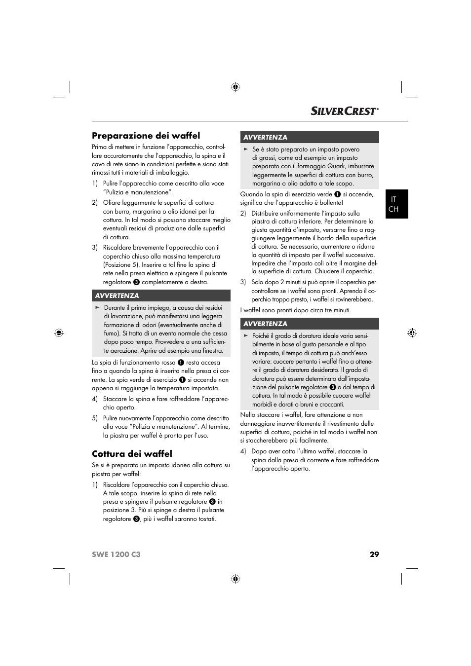 Preparazione dei waﬀ el, Cottura dei waﬀ el | Silvercrest SWE 1200 C3 User Manual | Page 32 / 52