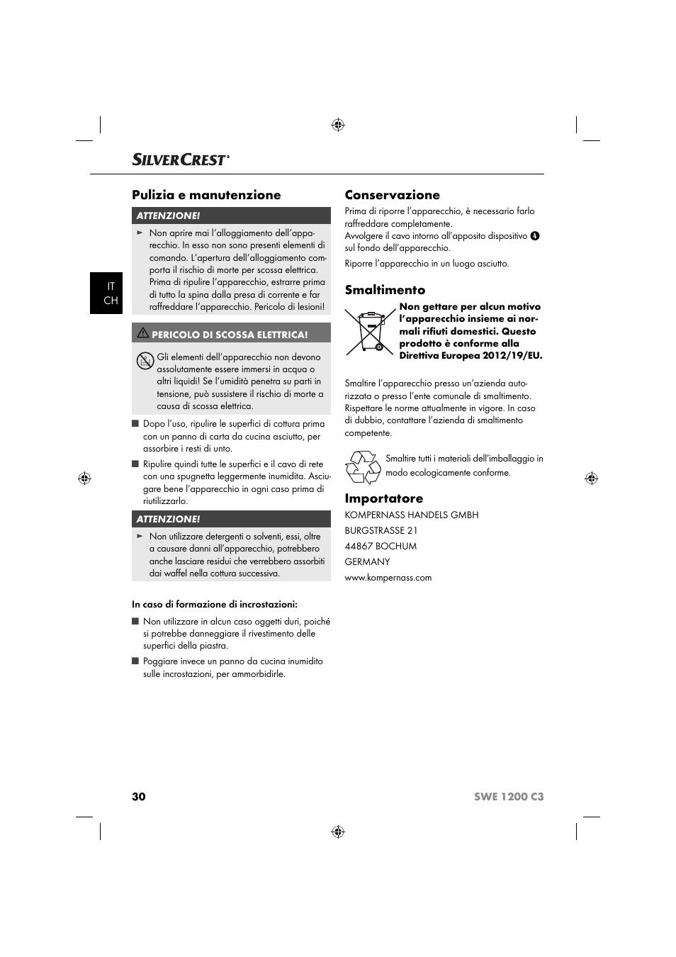 Pulizia e manutenzione, Conservazione, Smaltimento | Importatore | Silvercrest SWE 1200 C3 User Manual | Page 33 / 52