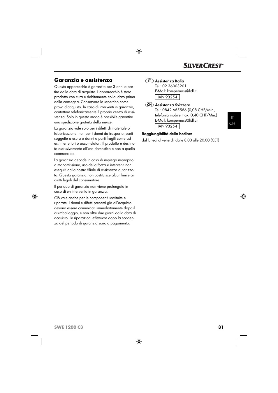 Garanzia e assistenza | Silvercrest SWE 1200 C3 User Manual | Page 34 / 52