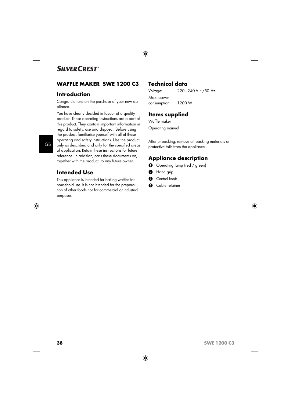 Intended use, Technical data, Items supplied | Appliance description | Silvercrest SWE 1200 C3 User Manual | Page 41 / 52