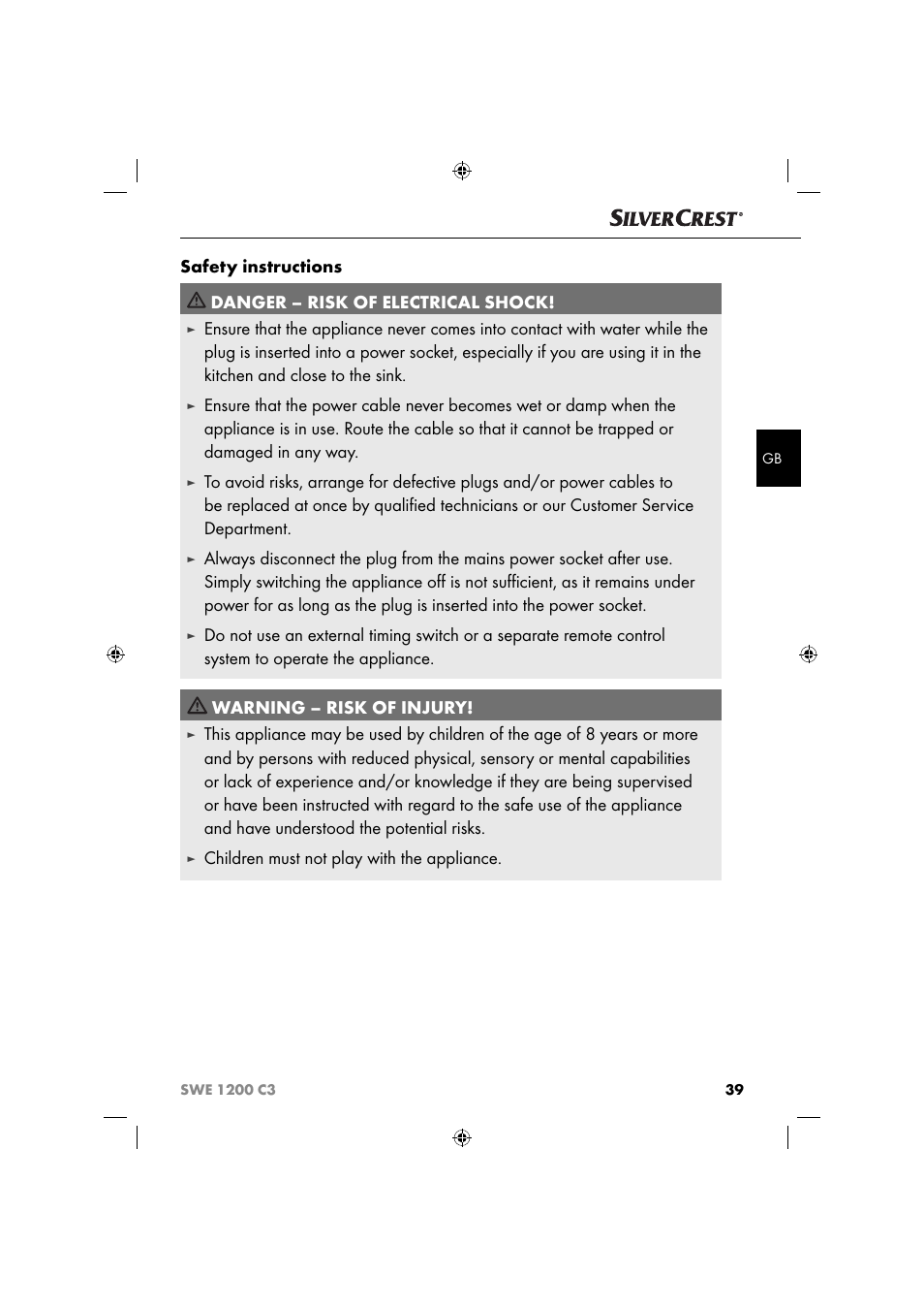 Children must not play with the appliance | Silvercrest SWE 1200 C3 User Manual | Page 42 / 52