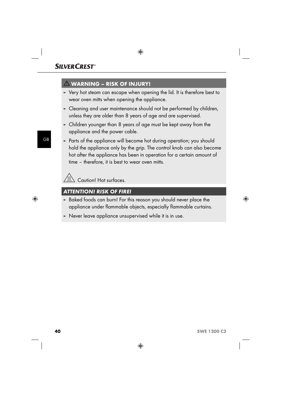Warning – risk of injury | Silvercrest SWE 1200 C3 User Manual | Page 43 / 52