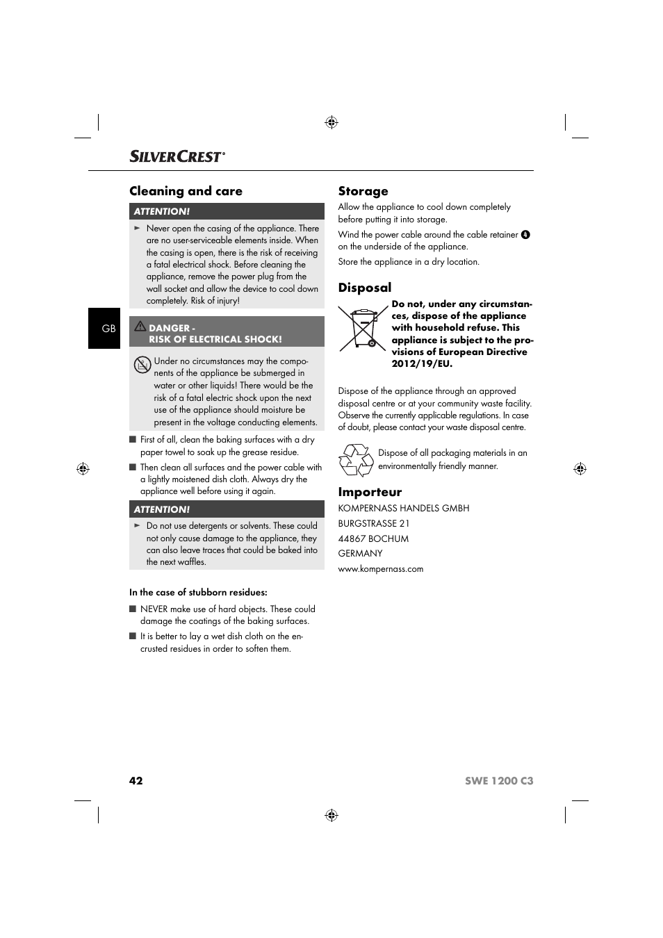 Cleaning and care, Storage, Disposal | Importeur | Silvercrest SWE 1200 C3 User Manual | Page 45 / 52