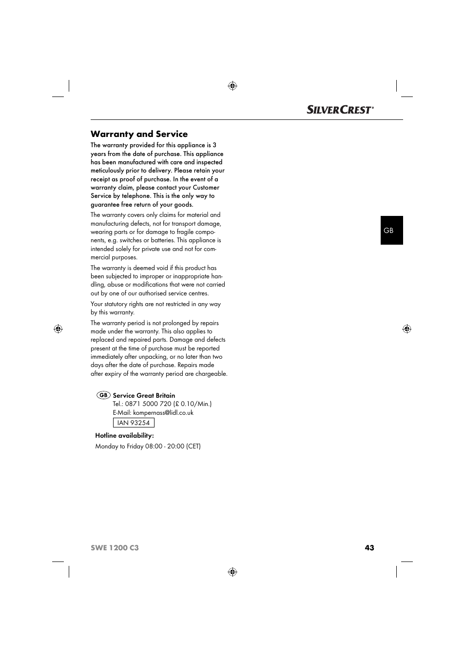 Warranty and service | Silvercrest SWE 1200 C3 User Manual | Page 46 / 52