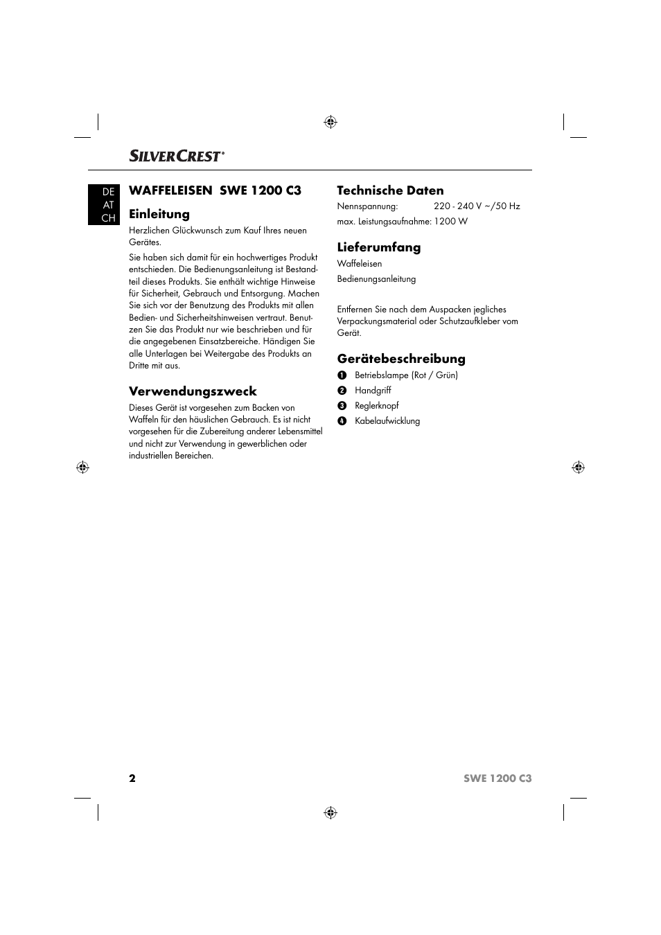 Verwendungszweck, Technische daten, Lieferumfang | Gerätebeschreibung | Silvercrest SWE 1200 C3 User Manual | Page 5 / 52