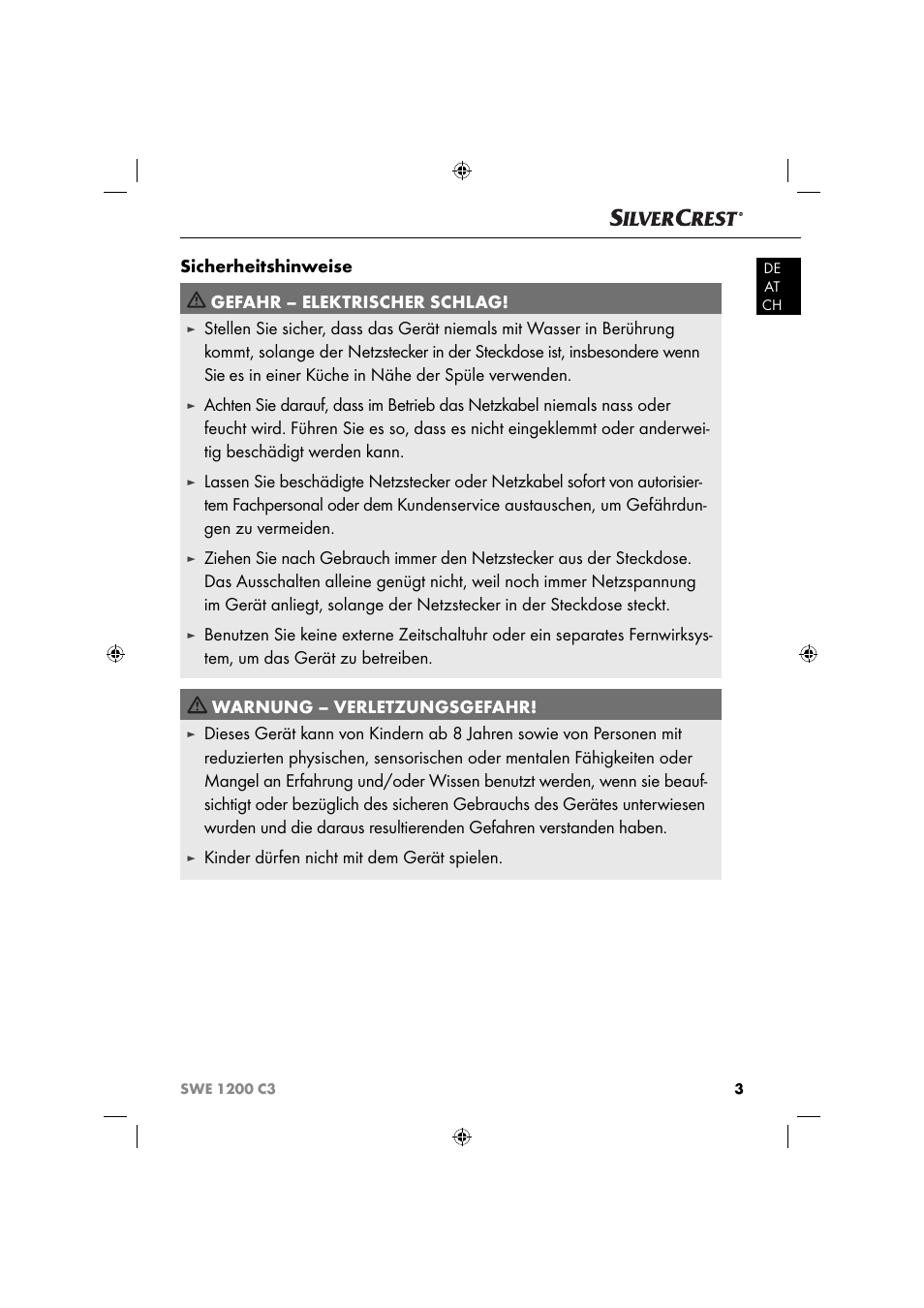 Sicherheitshinweise gefahr – elektrischer schlag, Kinder dürfen nicht mit dem gerät spielen | Silvercrest SWE 1200 C3 User Manual | Page 6 / 52