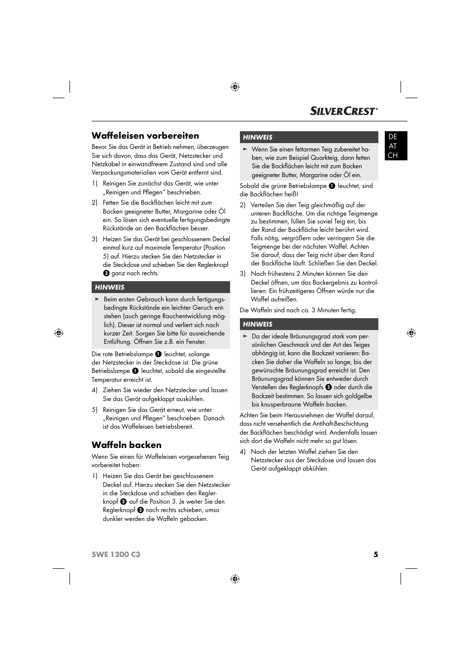 Waﬀ eleisen vorbereiten, Waﬀ eln backen | Silvercrest SWE 1200 C3 User Manual | Page 8 / 52