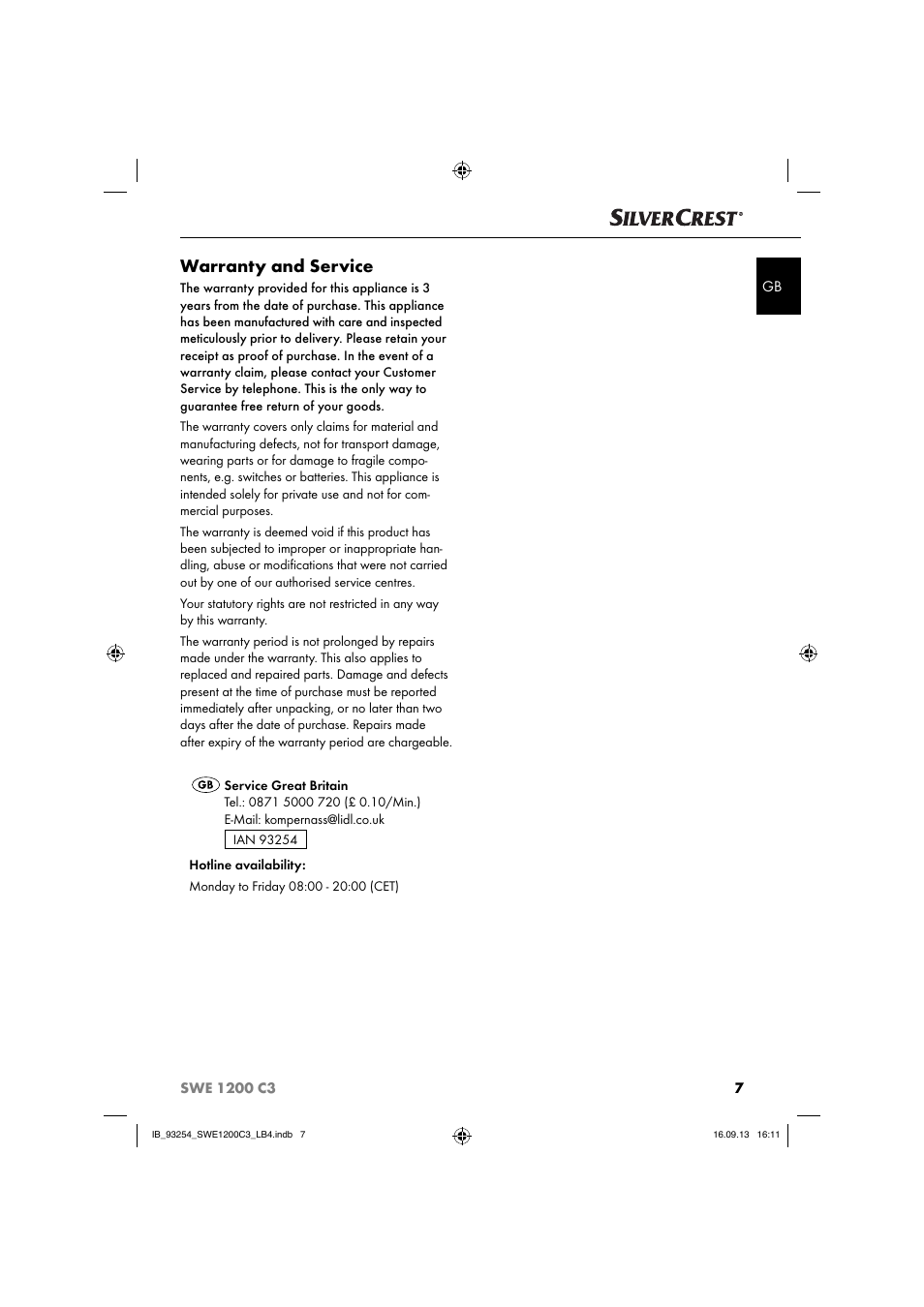 Warranty and service | Silvercrest SWE 1200 C3 User Manual | Page 10 / 88