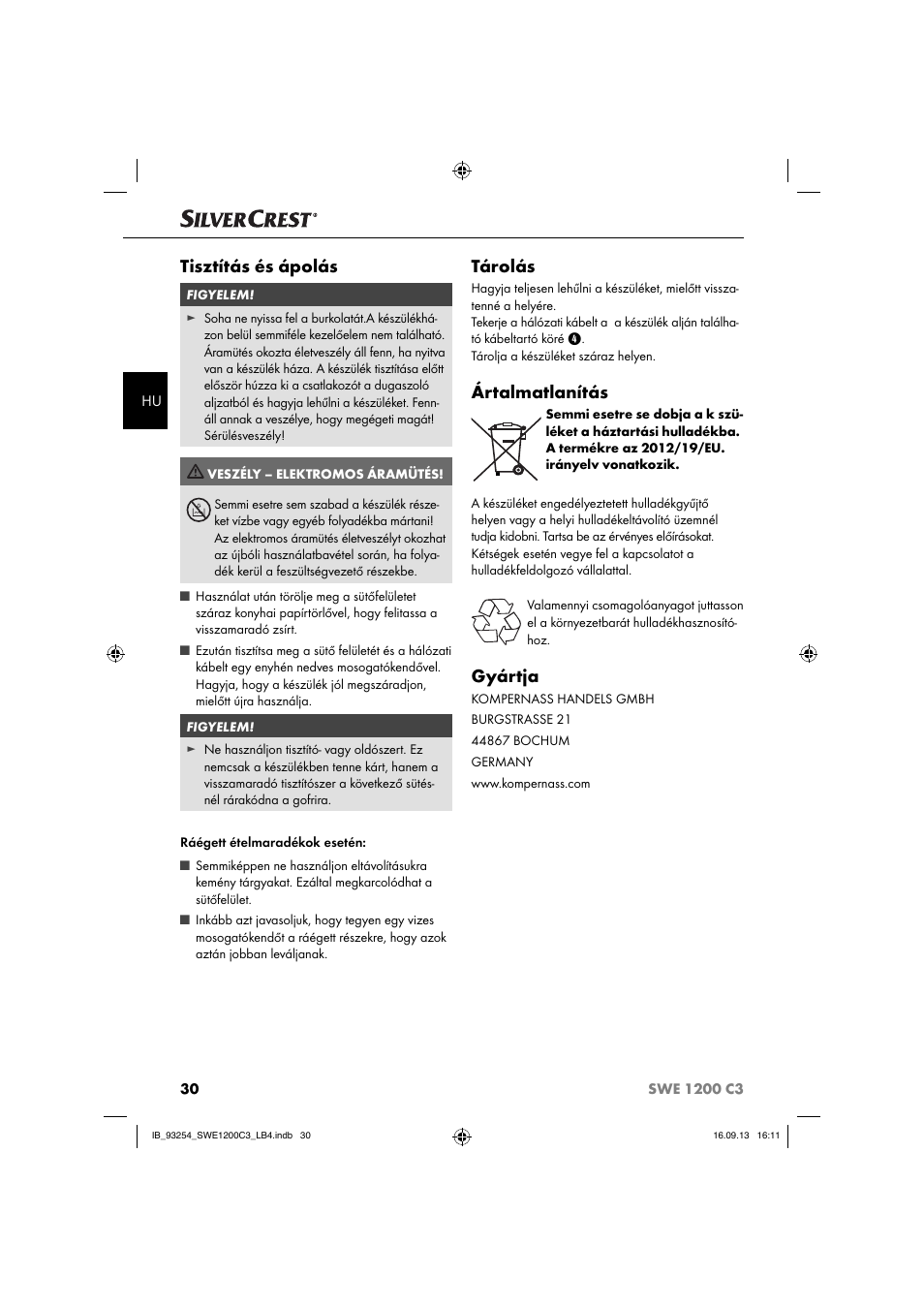 Tisztítás és ápolás, Tárolás, Ártalmatlanítás | Gyártja | Silvercrest SWE 1200 C3 User Manual | Page 33 / 88