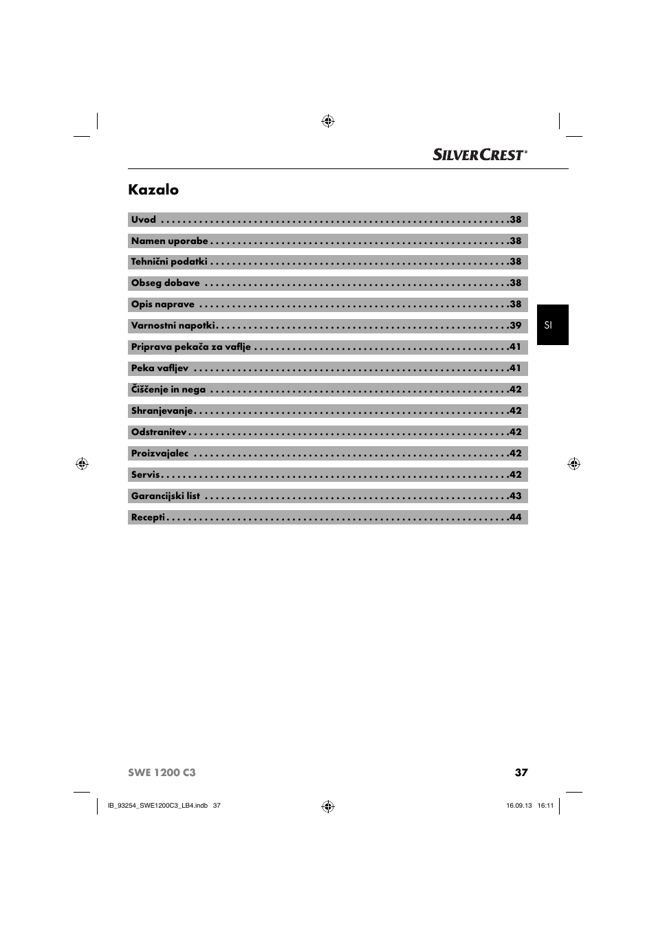 Kazalo | Silvercrest SWE 1200 C3 User Manual | Page 40 / 88