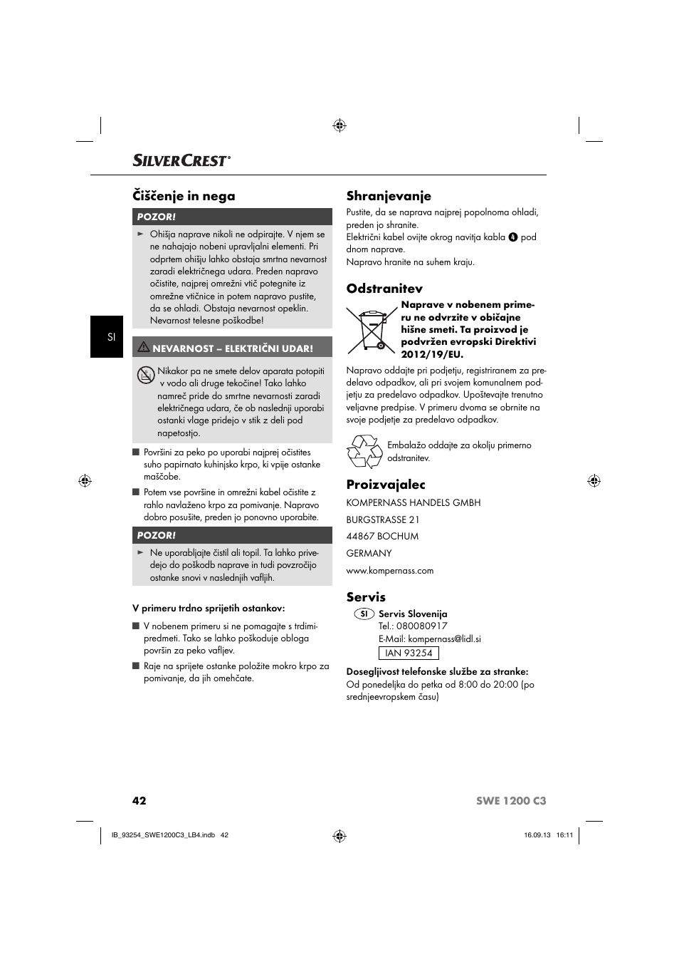 Čiščenje in nega, Shranjevanje, Odstranitev | Proizvajalec, Servis | Silvercrest SWE 1200 C3 User Manual | Page 45 / 88