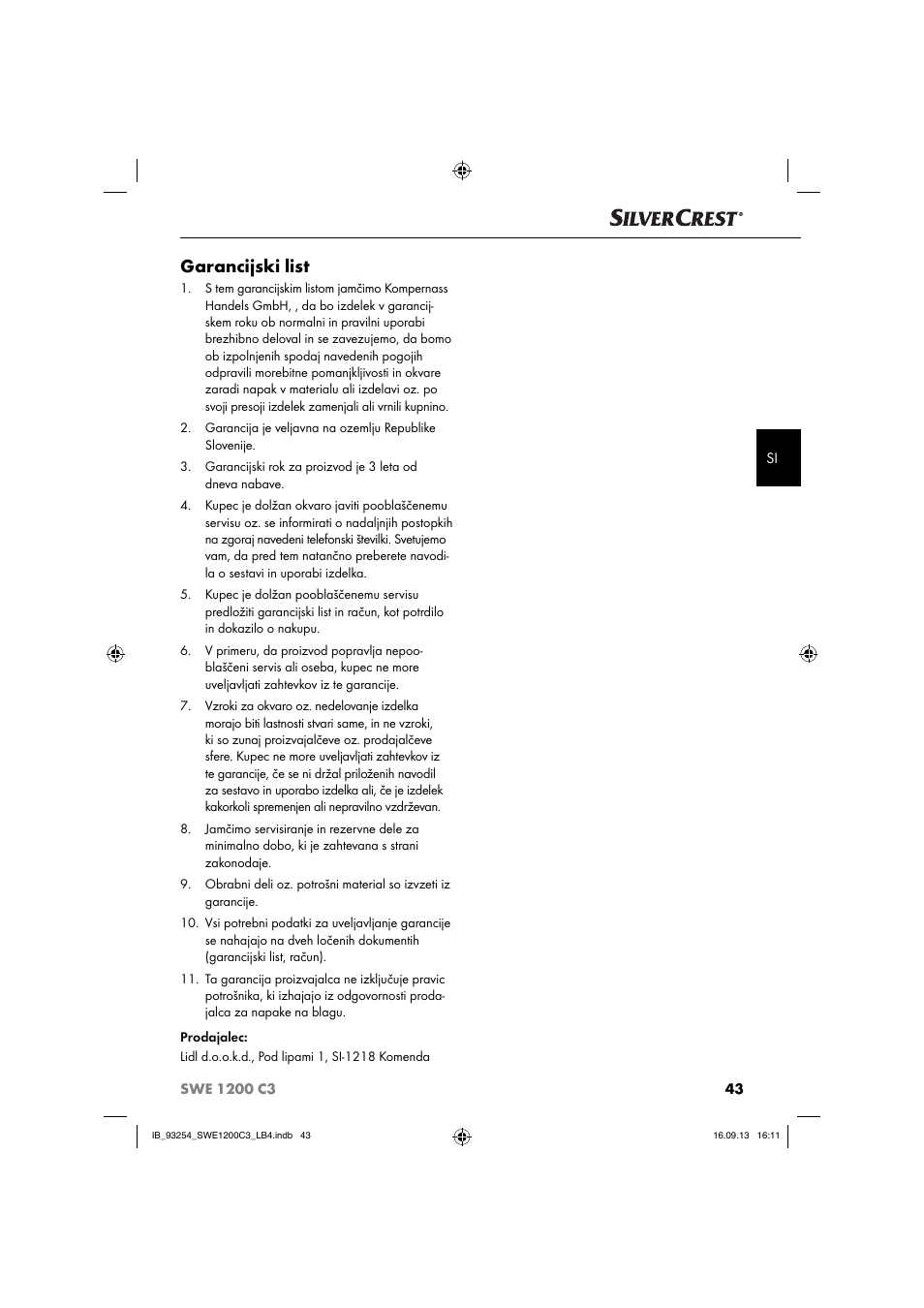 Garancijski list | Silvercrest SWE 1200 C3 User Manual | Page 46 / 88