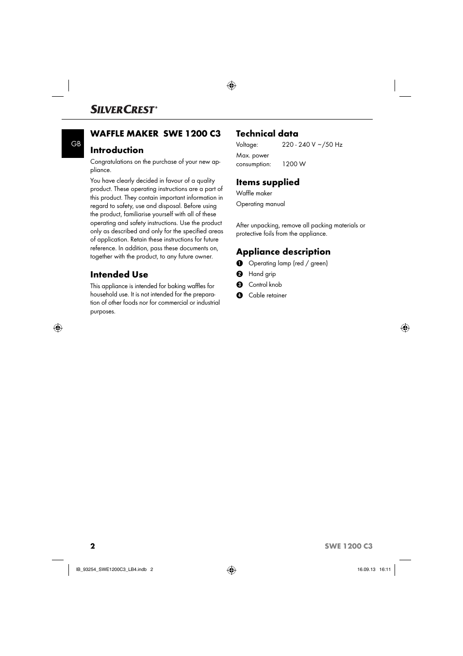 Intended use, Technical data, Items supplied | Appliance description | Silvercrest SWE 1200 C3 User Manual | Page 5 / 88