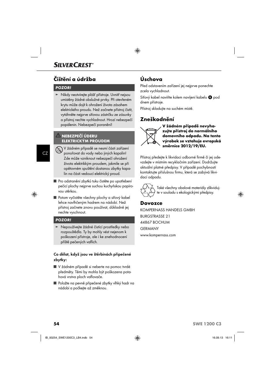Čištění a údržba, Úschova, Zneškodnění | Dovozce | Silvercrest SWE 1200 C3 User Manual | Page 57 / 88