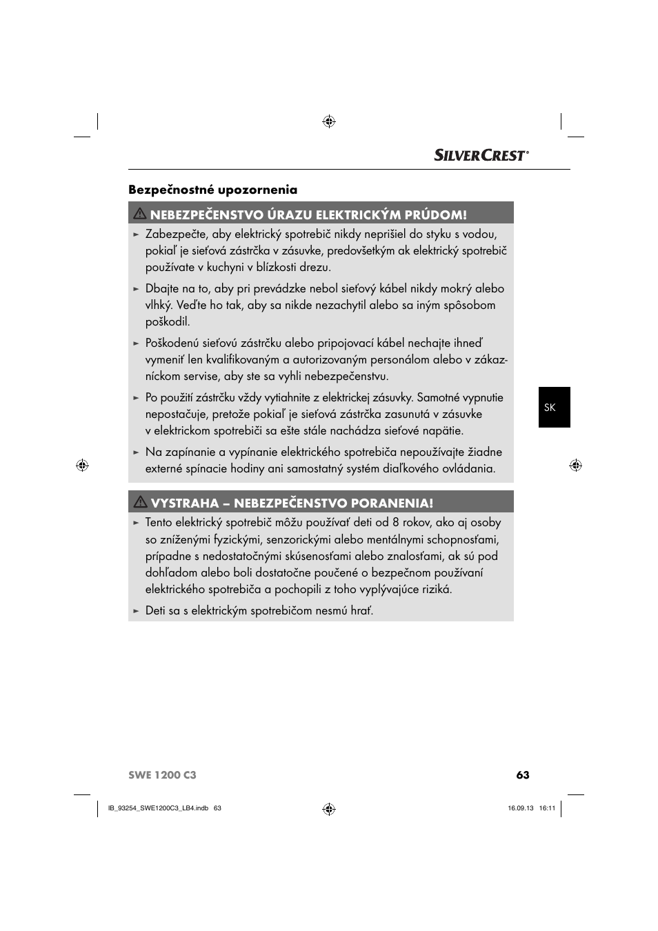 Deti sa s elektrickým spotrebičom nesmú hrať | Silvercrest SWE 1200 C3 User Manual | Page 66 / 88