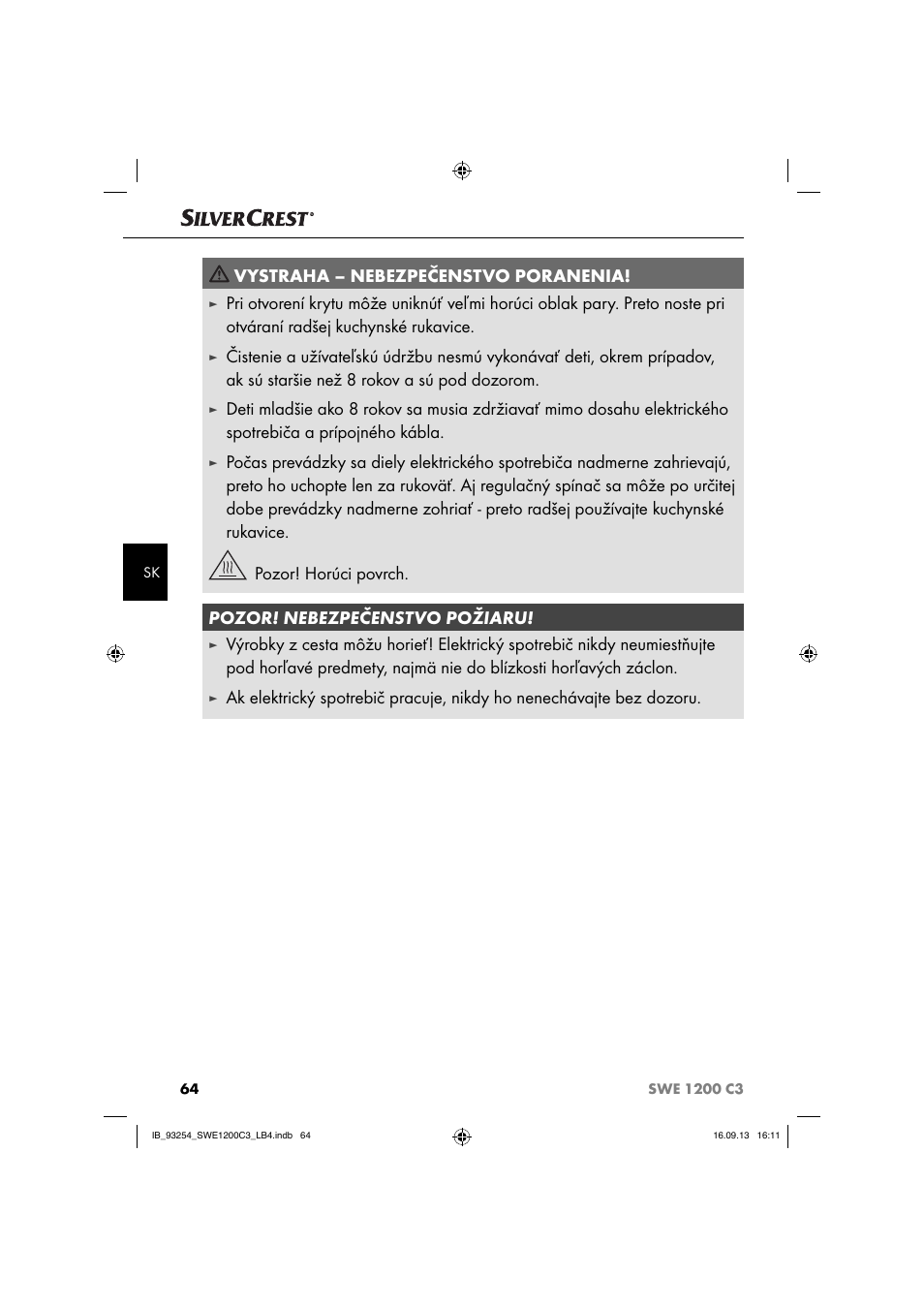 Vystraha – nebezpečenstvo poranenia | Silvercrest SWE 1200 C3 User Manual | Page 67 / 88