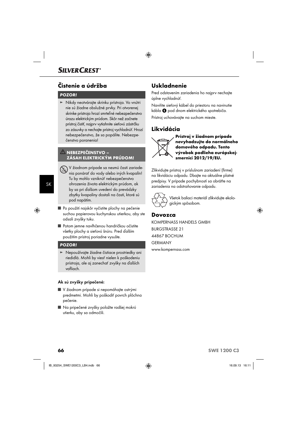 Čistenie a údržba, Uskladnenie, Likvidácia | Dovozca | Silvercrest SWE 1200 C3 User Manual | Page 69 / 88