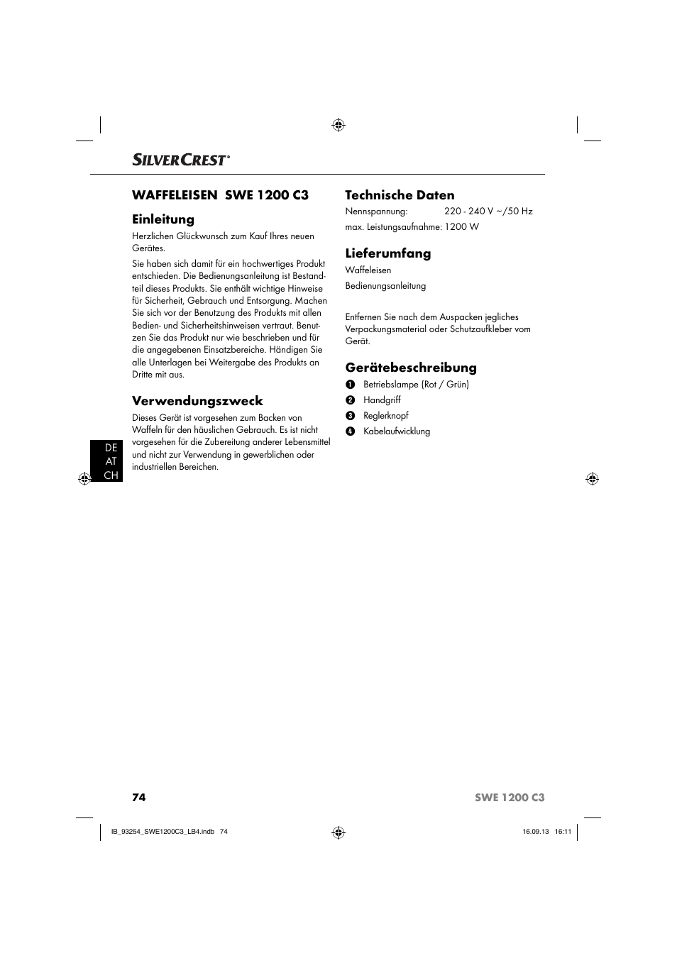 Verwendungszweck, Technische daten, Lieferumfang | Gerätebeschreibung | Silvercrest SWE 1200 C3 User Manual | Page 77 / 88