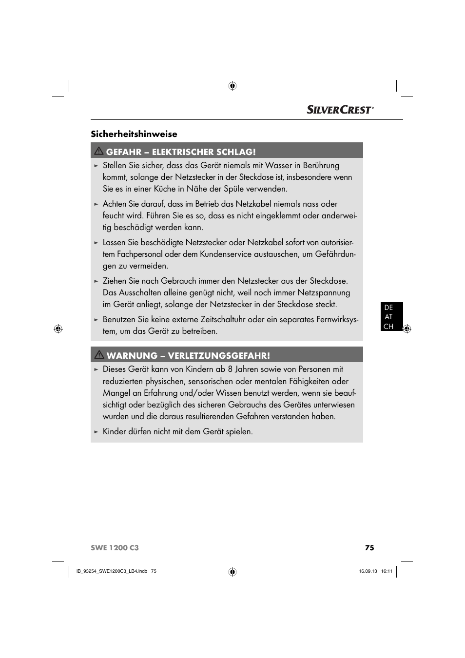 Sicherheitshinweise gefahr – elektrischer schlag, Kinder dürfen nicht mit dem gerät spielen | Silvercrest SWE 1200 C3 User Manual | Page 78 / 88