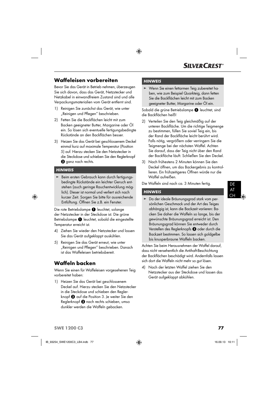 Waﬀ eleisen vorbereiten, Waﬀ eln backen | Silvercrest SWE 1200 C3 User Manual | Page 80 / 88