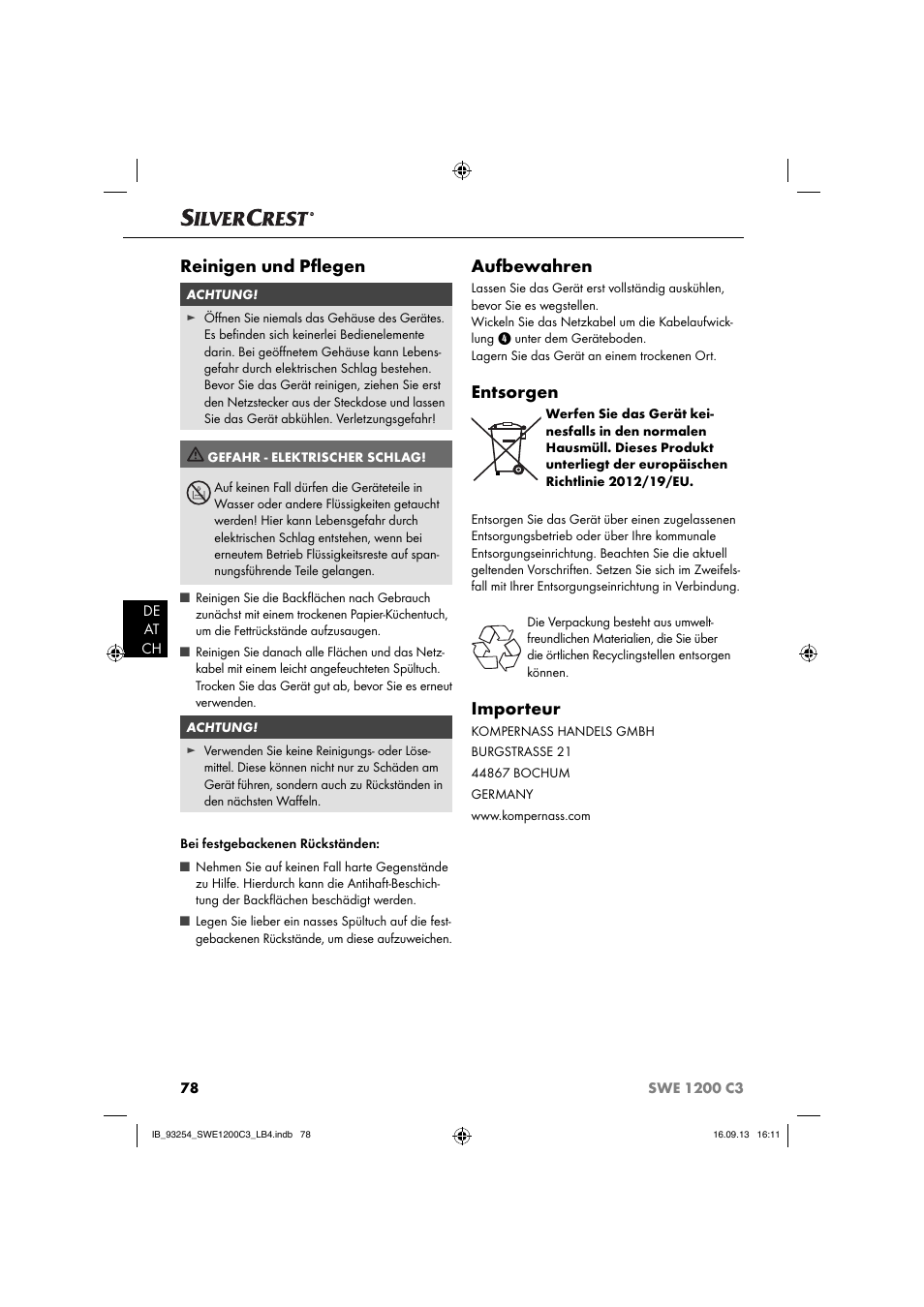 Reinigen und pﬂ egen, Aufbewahren, Entsorgen | Importeur | Silvercrest SWE 1200 C3 User Manual | Page 81 / 88