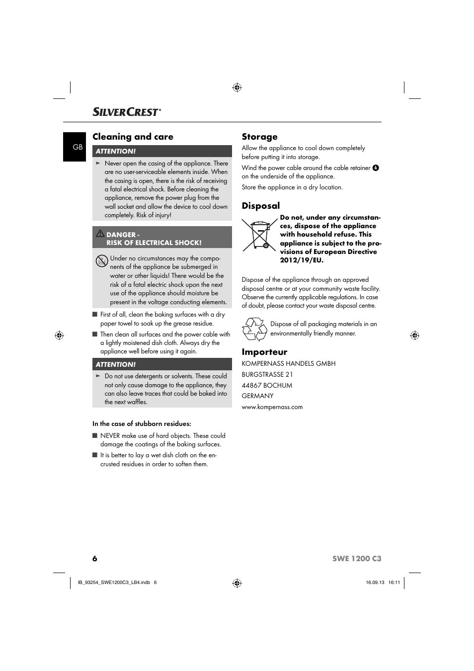Cleaning and care, Storage, Disposal | Importeur | Silvercrest SWE 1200 C3 User Manual | Page 9 / 88