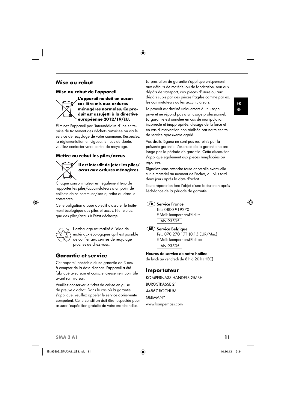 Mise au rebut, Garantie et service, Importateur | Silvercrest SMA 3 A1 User Manual | Page 14 / 28